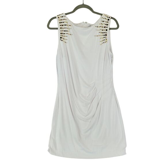 Cache White Ruched Shapely Mini Dress Size 12 Gold Geometric Studs Drape Fit NWT - Picture 1 of 14